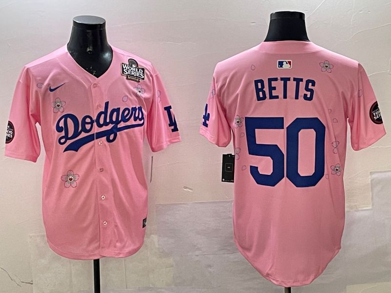 Men Los Angeles Dodgers #50 Betts Pink Sakura Edition 2025 Nike MLB Jersey style 2